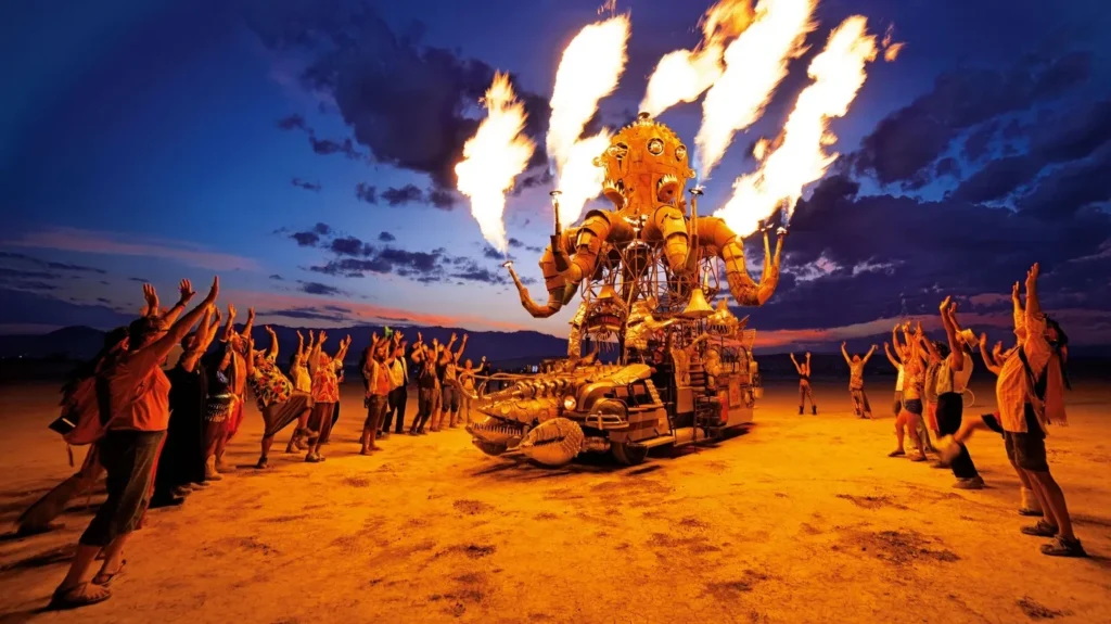 A massive, surrealist sculpture as part of the many incredible Burning Man art installations in the desert